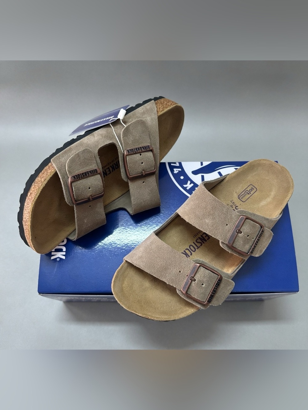 Birkenstock Arizona Taupe Suede Two‑Strap Sandals